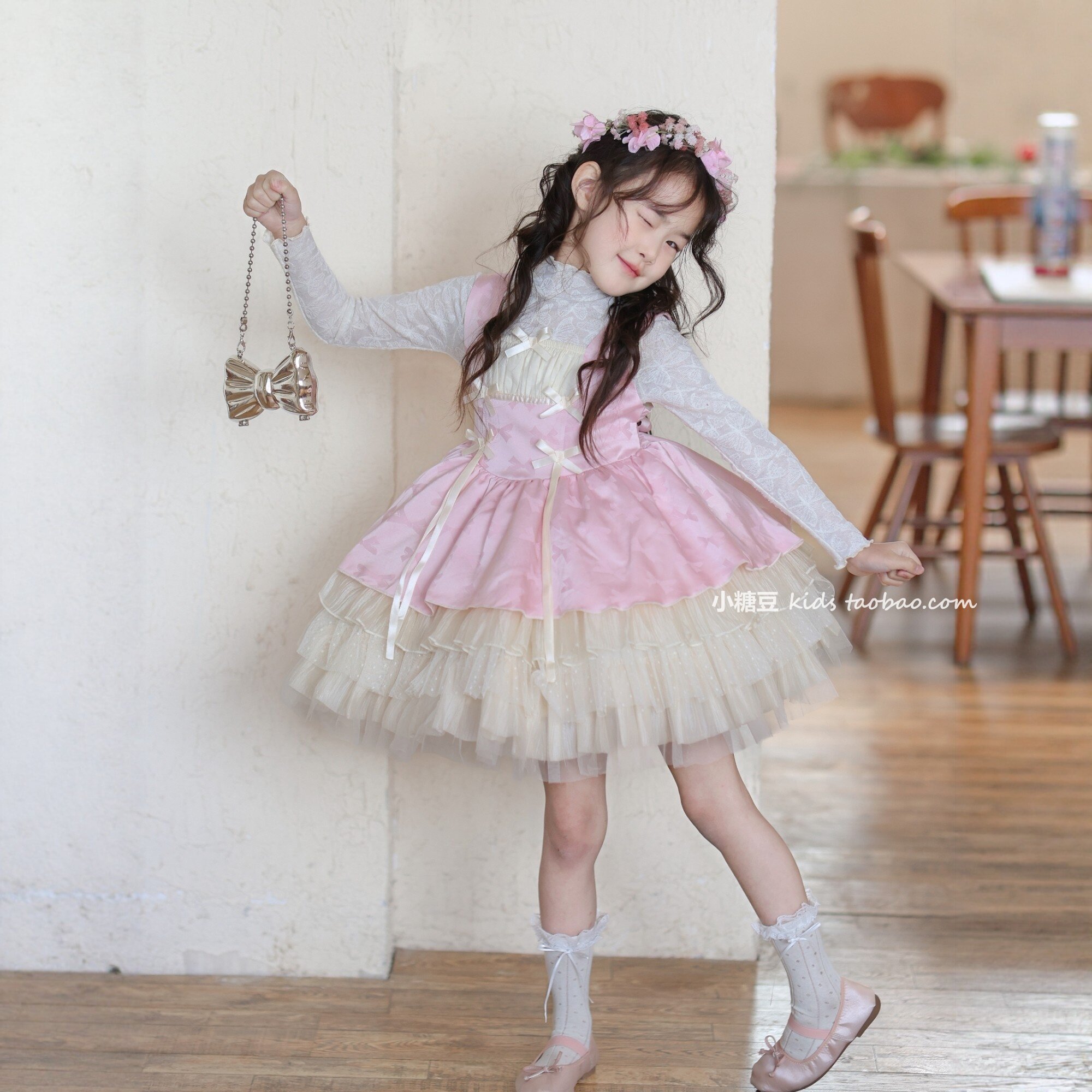 女童粉色网纱洛丽塔公主裙连衣裙2026春季女孩甜美蓬蓬裙生日礼服