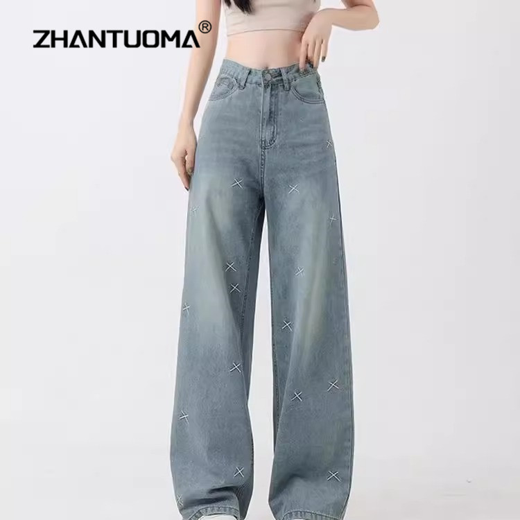 百搭浅色刺绣阔腿牛仔裤女夏季薄款高腰宽松显瘦大码直筒休闲裤子
