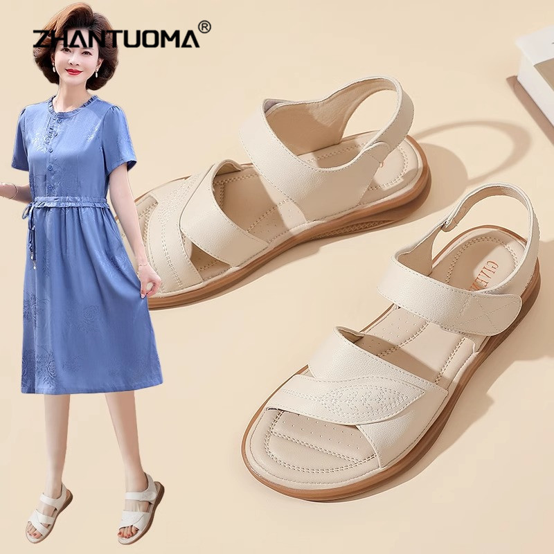 防滑牛筋底真皮妈妈鞋女款夏季2025新款平底软底舒适简约百搭凉鞋