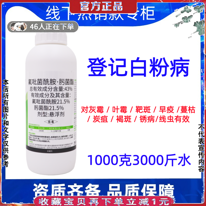 白粉病杀菌剂43%氟吡菌酰胺肟菌酯叶斑灰霉病早疫病葡萄草莓番茄