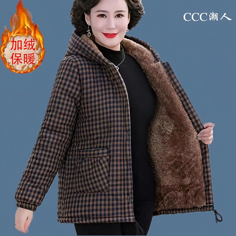 妈妈冬装加绒加厚棉袄连