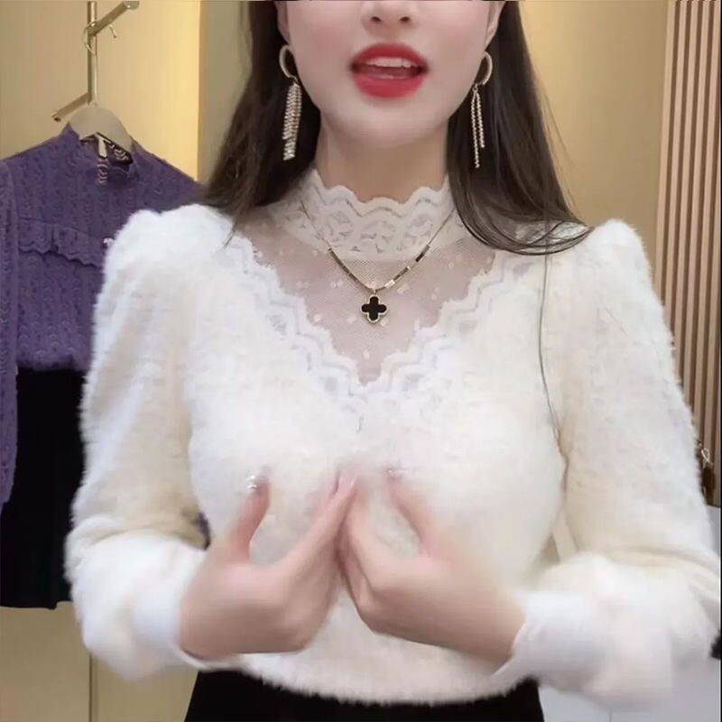 网纱拼接蕾丝打底衫女时髦洋