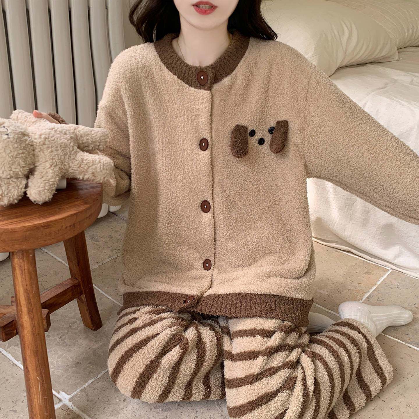 半边绒睡衣女士珊瑚绒加