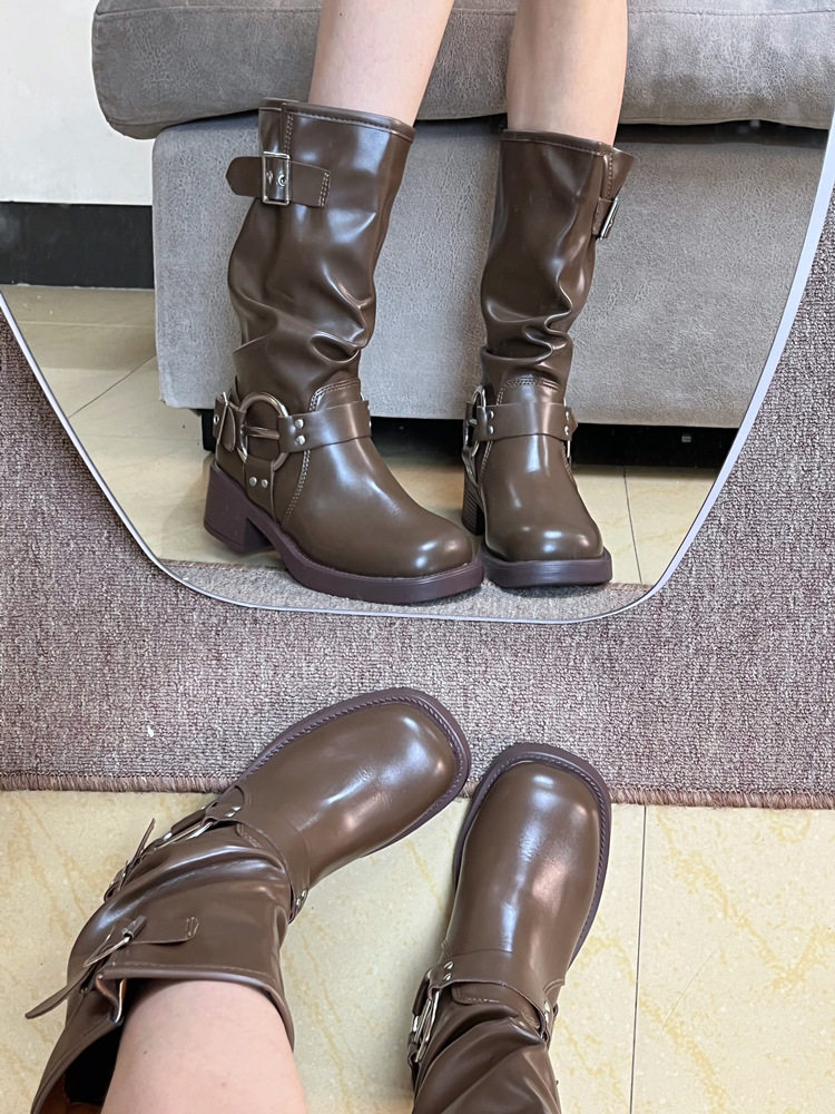 SMALL MAN MID-CUT RIDER BOOTS WOMENS BLOCK HEEL FLAT LEATHER SQUARE TOE PLEATED PILE BOOTS BROWN WESTERN COWBOY BOOTS TIDE