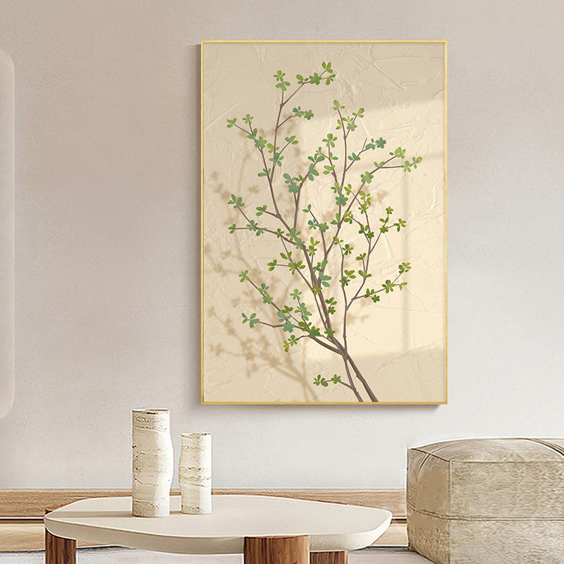 法式原木风格客厅装饰画现代简约光影绿色植物入口挂画沙发背景墙