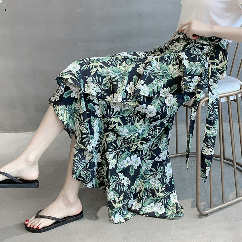 雪纺半身裙ins火裙子女中长款高腰系带不规则一片式绿色碎花裙潮