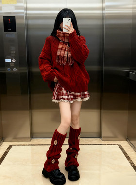 圣诞节穿搭套装红色毛衣格纹连衣裙子女秋冬季新款巨好看一整套裙