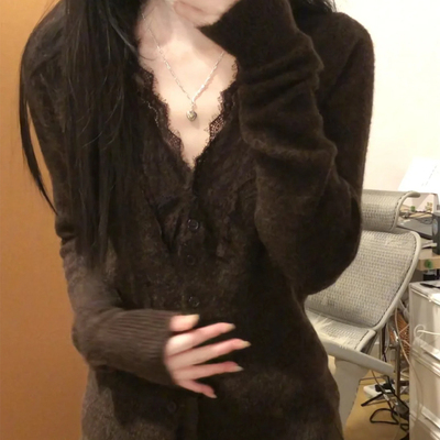 蕾丝v领针织内搭打底衫女