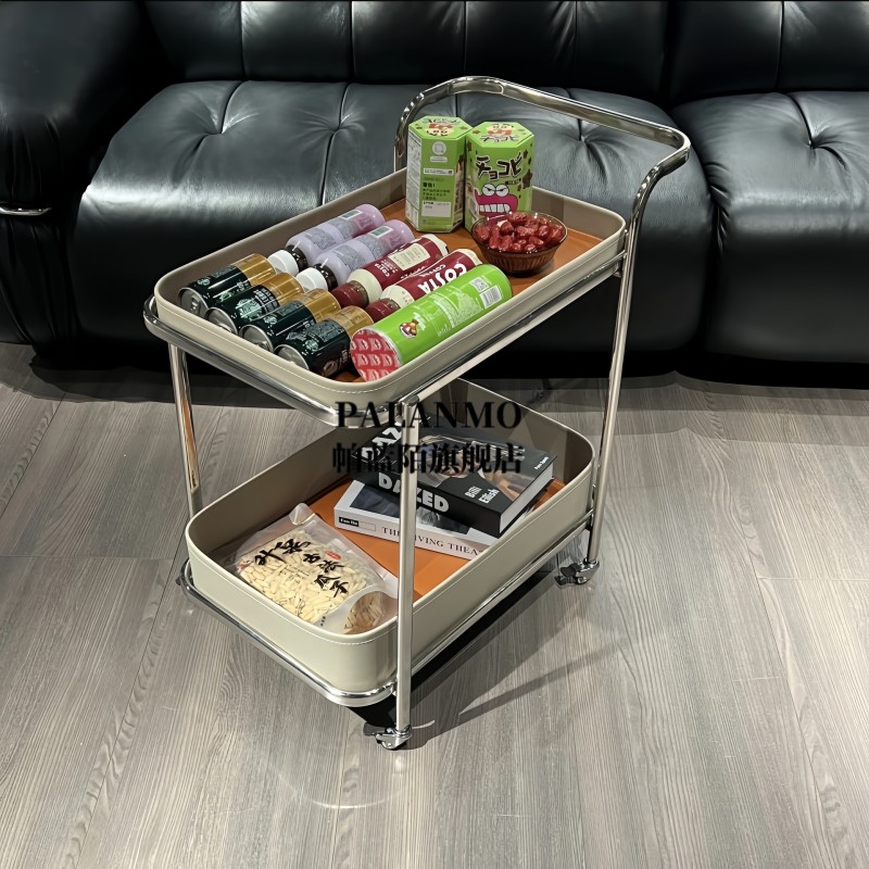 不锈钢手推车家用客厅沙发马鞍皮边几储物零食置物架卧室床头边柜