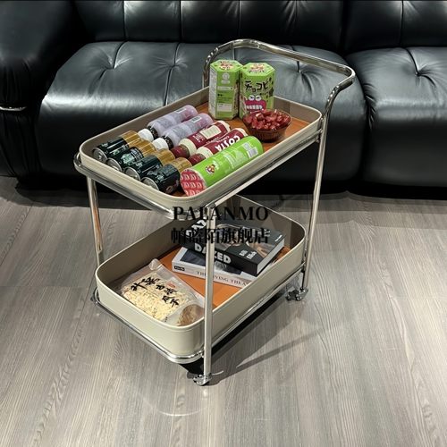 不锈钢手推车家用客厅沙发马鞍皮边几储物零食置物架卧室床头边柜