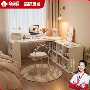 拐 卧室实木风桌学习桌转角电脑桌书桌书架一体奶油型L角家用台式