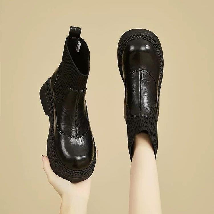 英伦风增5厚底高丁靴女202年秋季新款加马保绒短靴弹力靴暖瘦瘦靴