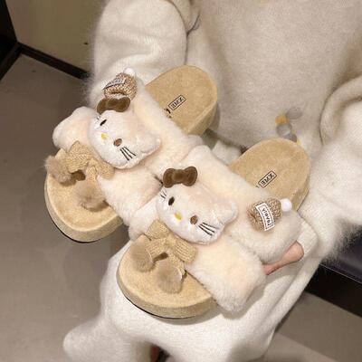 古可爱毛滑茸茸一字勃肯毛毛拖205棉秋冬新款复厚底防拖鞋2女外穿