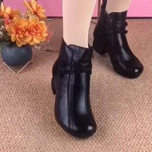 厚中底增粗跟暖短靴2025年秋冬季新款圆妈头高加绒保老年妈马丁靴