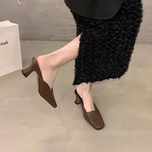 子口单鞋 鞋 半粗跟质不脚2025年春夏新款 拖气外穿女高累跟包头浅鞋