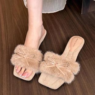 休闲简约蝴尚蝶平跟时毛结鞋外穿女鞋子简约气质方头拖一字毛棉鞋
