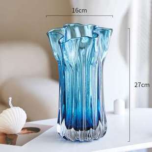 高档琉璃大花瓶简约客厅桌面装 法式 饰品插花摆件玄关轻奢透明玻璃