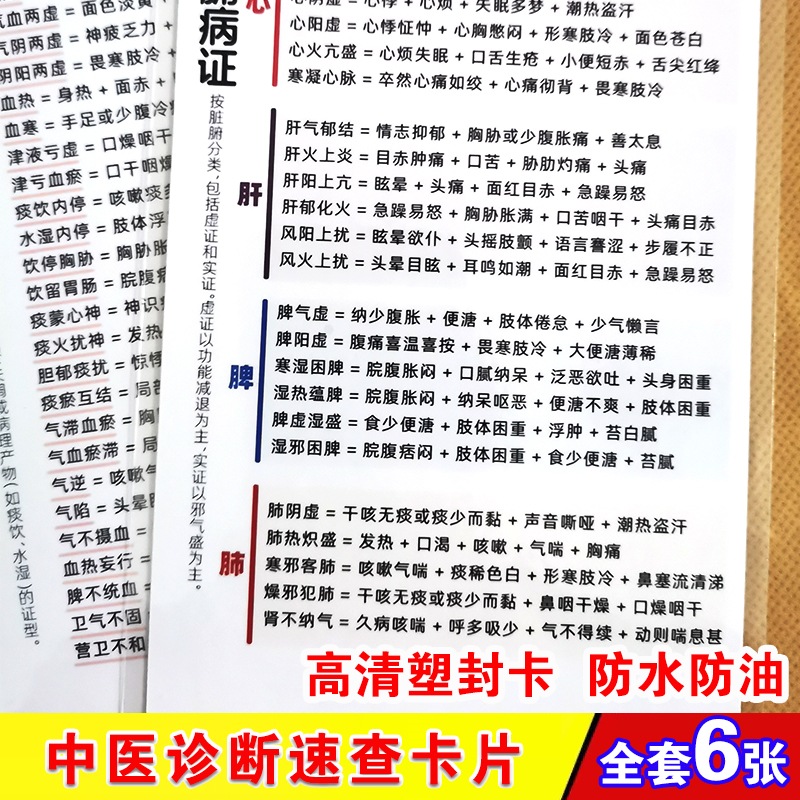 中医诊断速查塑封卡片 中医初学者诊断公式速查防水覆膜6寸卡