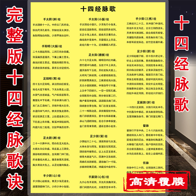 中医十四经脉歌 完整版 十四经脉口诀 中医自学传统学习a4a3卡片图片