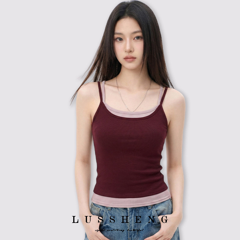 鹿笙笙撞色假两件拼接吊带背心女收腰显瘦内搭外穿带胸垫运动上衣