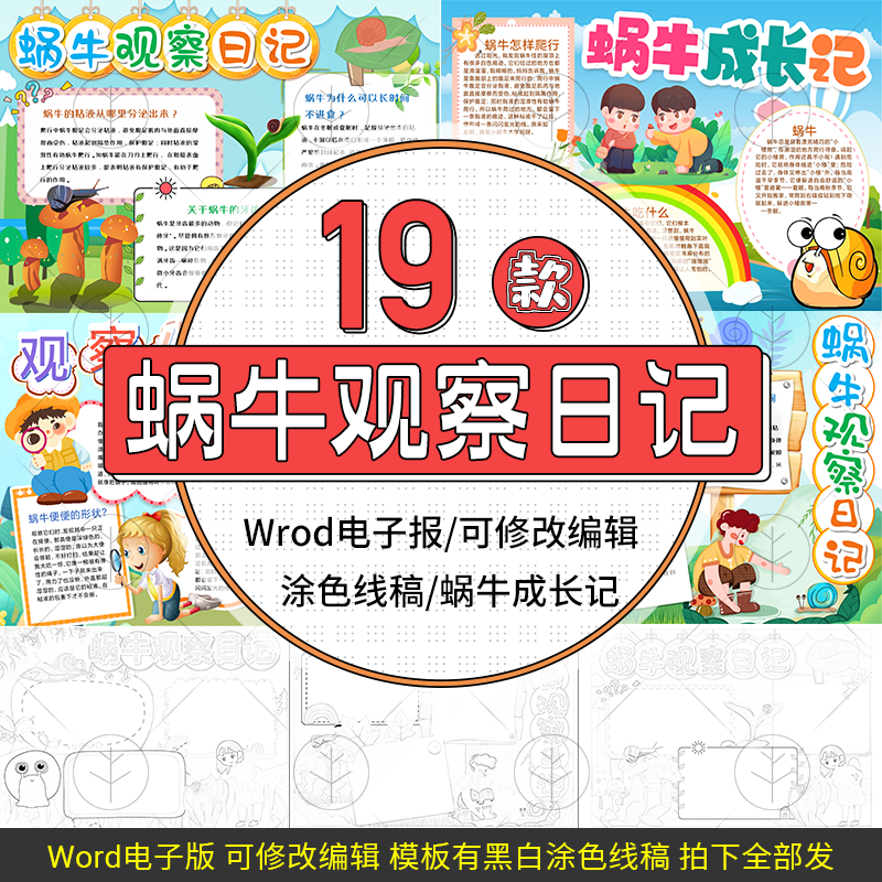 蜗牛观察日记手抄报电子版模板蜗牛成长电子小报半成品线稿素材图