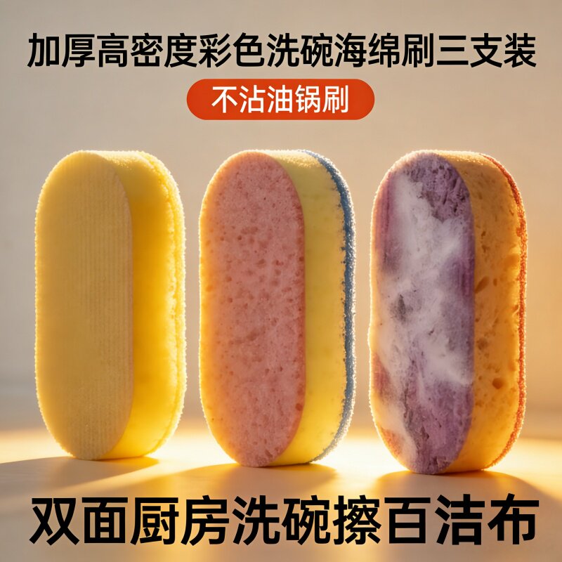 加厚高密度彩色洗碗海绵刷三支装不沾油锅刷双面厨房洗碗擦百洁布