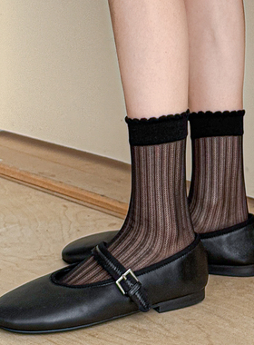 ''窗下玫瑰''黑色芭蕾风袜子女堆堆袜夏季薄款木耳花边中筒袜网眼