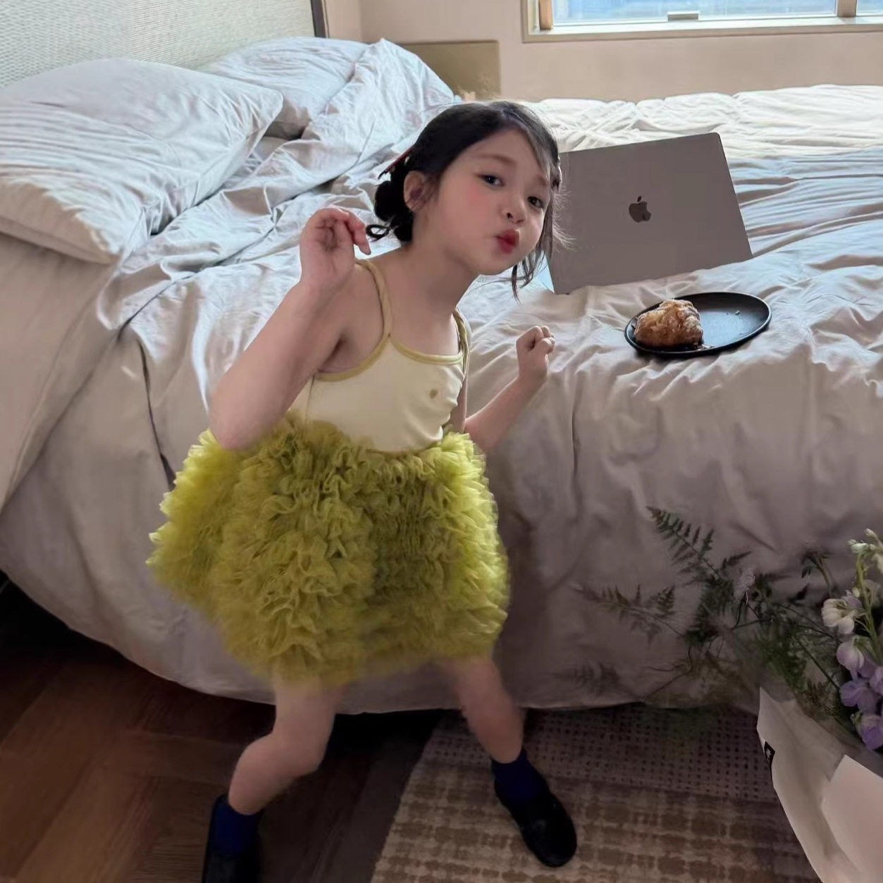 儿童针织拼接蓬蓬纱裙甜美爱心吊带裙子26夏季新款韩系女童连衣裙