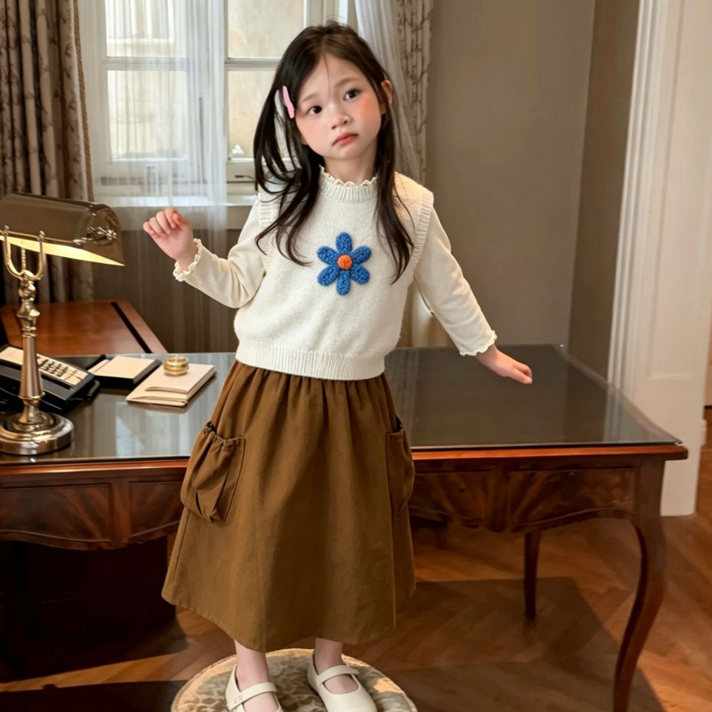 女童毛衣马甲秋季新款童装儿童立体花针织背心打底衫宝宝韩系长裙