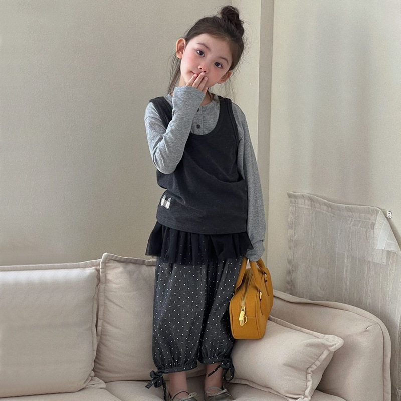 韩版女童春季新款纯色打底上衣背心2026网纱屁帘波点九分裤三件套