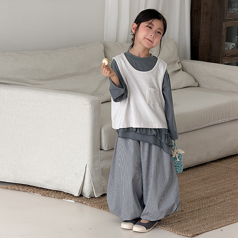 女童韩版童装2026春季新款花边拼接两件套撞色上衣格子裤宽松套装