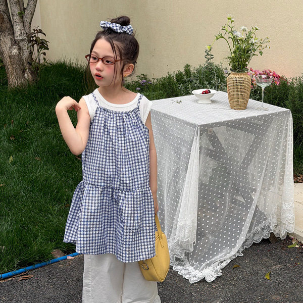 女童2026夏季新款韩版套装吊带格子两件套连衣裙无袖坎肩短袖上衣