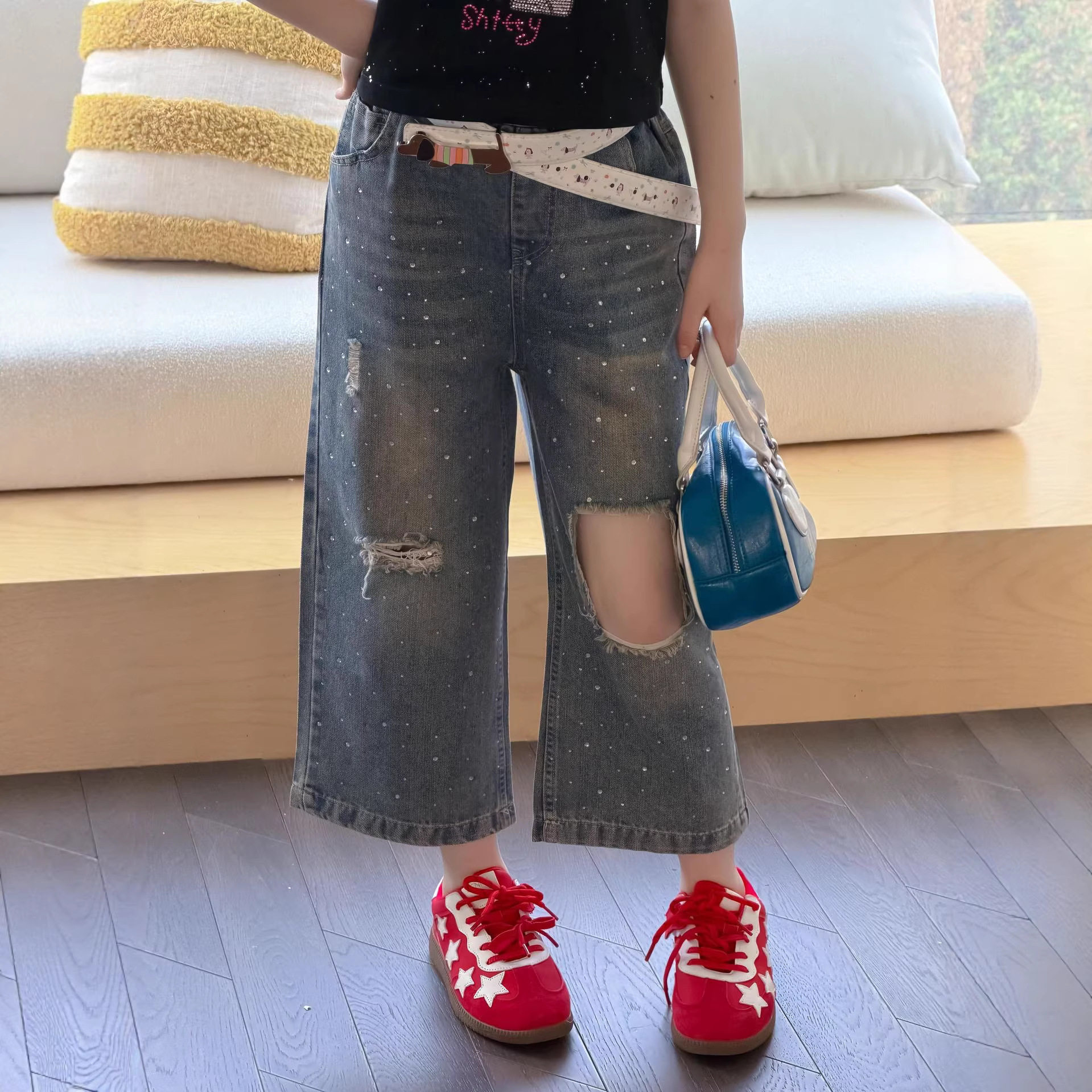 女童破洞闪钻阔腿牛仔裤2026夏季新款儿童韩系甜酷风宽松九分裤子