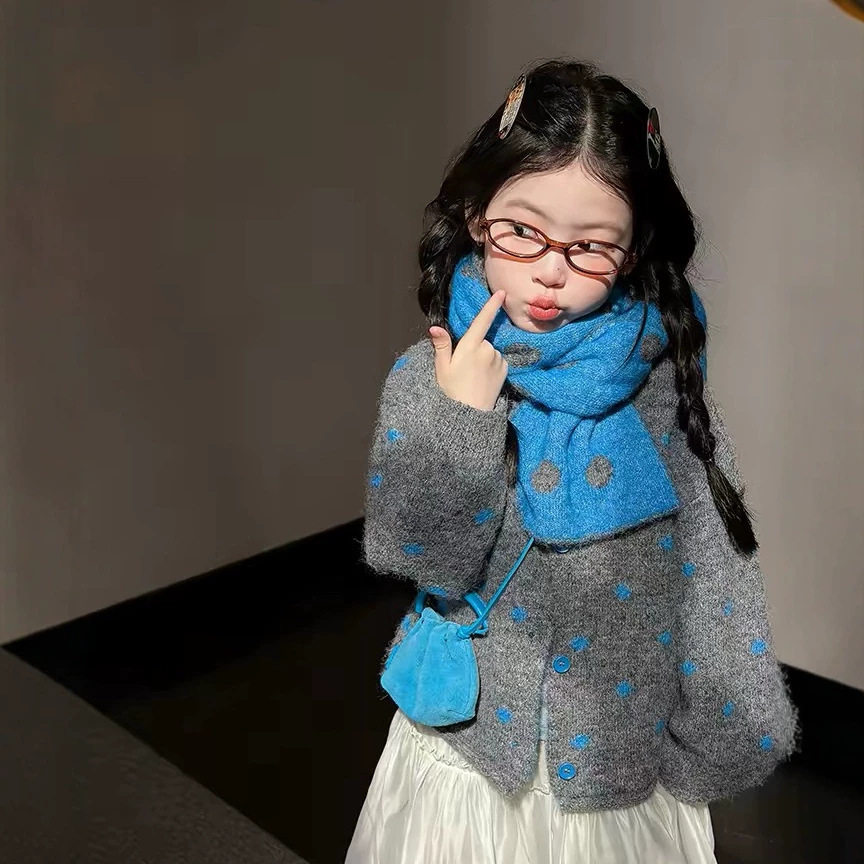 韩系女童波点围巾针织开衫秋冬新款儿童带围巾毛衣两件套潮