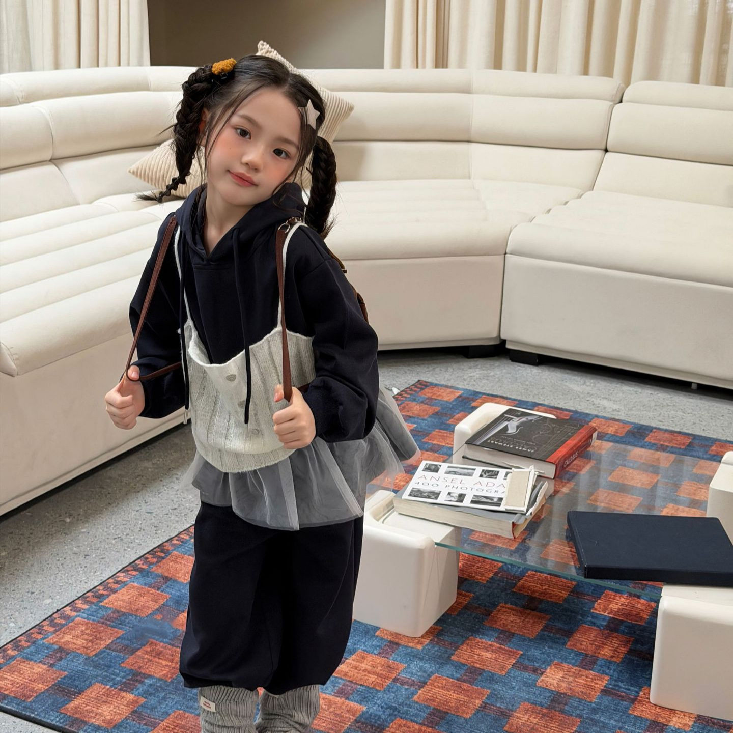 女童套装2026秋季新款套装儿童连帽三件套中式穿搭下摆拼接网纱潮