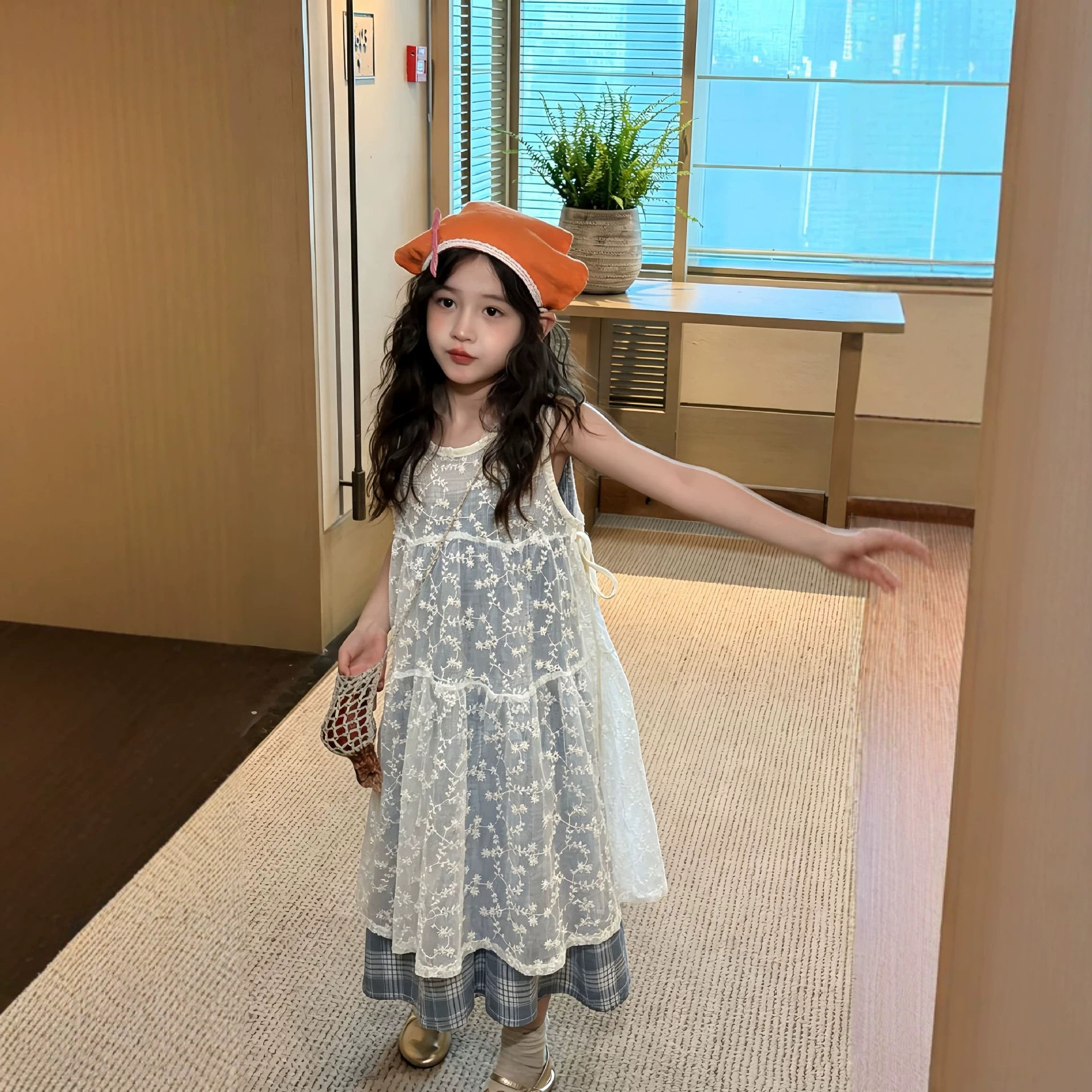 中大童夏装新款两件套连衣裙女童背心格子裙网纱罩衫无袖韩系长裙