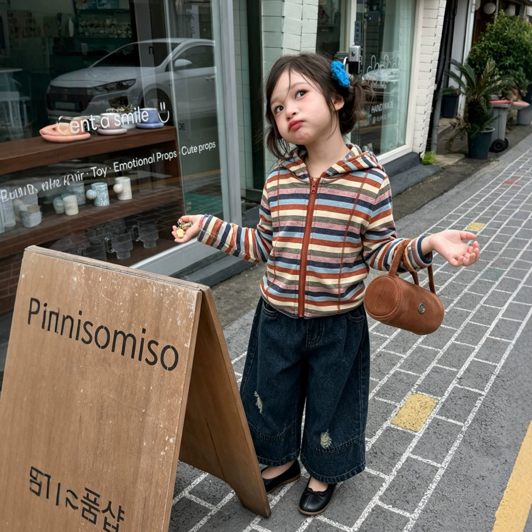女童套装秋季新款复古条纹连帽外套韩版休闲拉链开衫宝宝破洞牛仔
