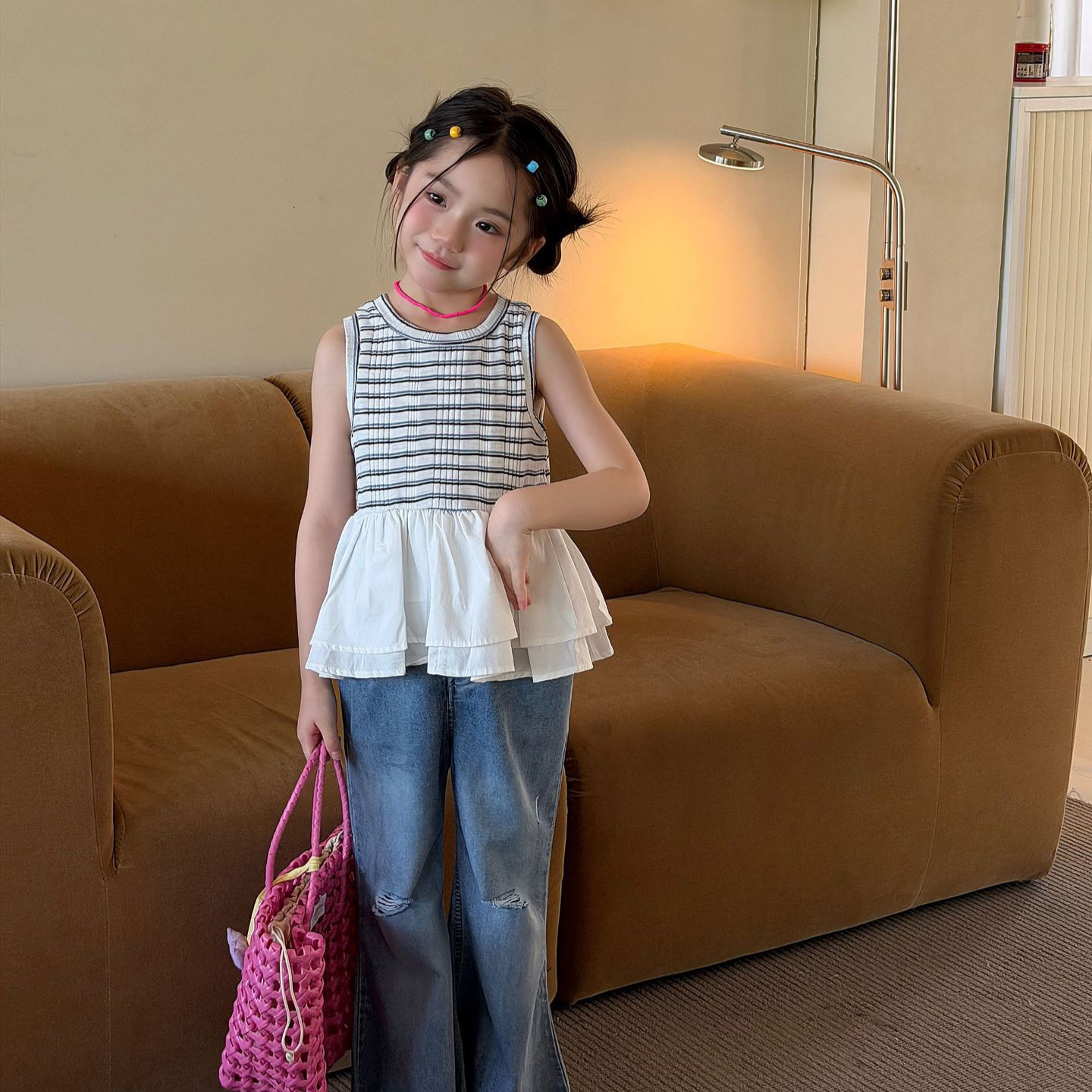 女童背心2026夏季新款韩薄款条纹儿童无袖背心拼接荷叶边裙摆上衣