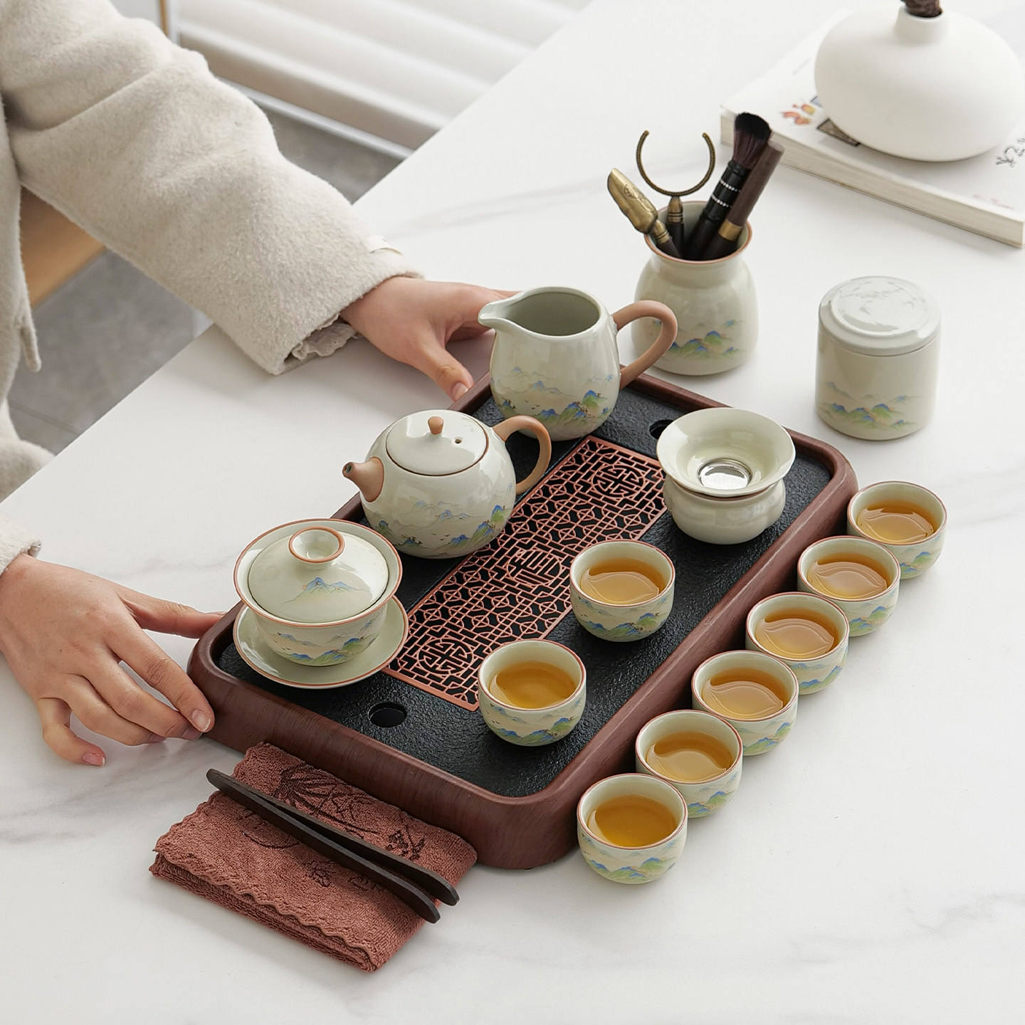 汝窑功夫茶具中式陶瓷家用客厅喝茶泡茶盖碗杯子茶壶陶瓷送礼整套