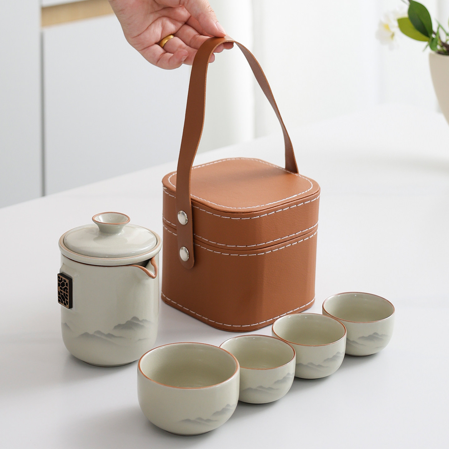 陶瓷汝窑旅行茶具套装便捷式小包一壶四杯户外泡茶高档全套快客杯