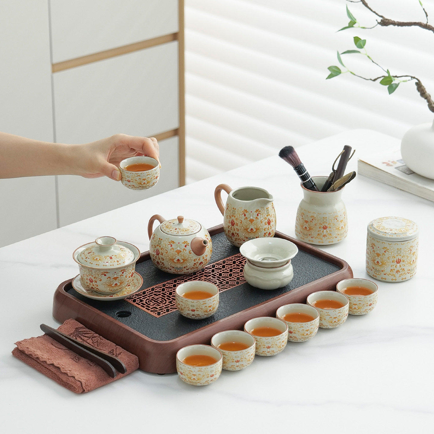 汝窑敦煌功夫茶具套装家用轻奢高档陶瓷泡茶壶茶杯盘整套乔迁送礼