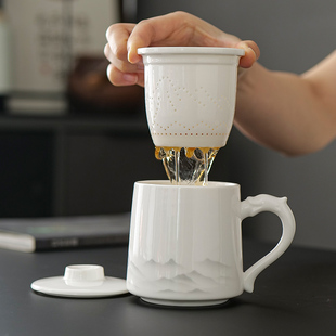 轻奢会客专用马克杯礼盒装 陶瓷茶水分离办公杯带盖家用泡茶杯中式