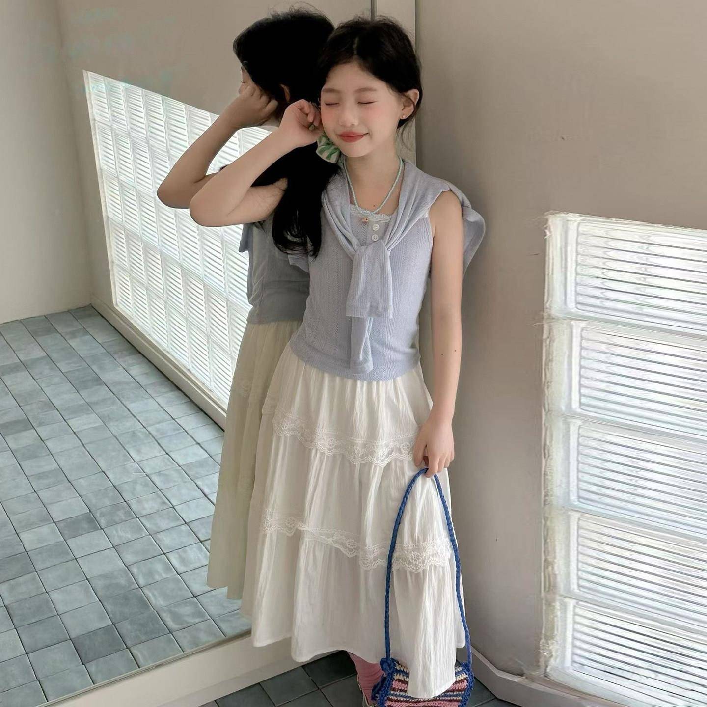 女童套装2026春夏新款中大童洋裙派甜美柔温风半XJY开衫吊带身三