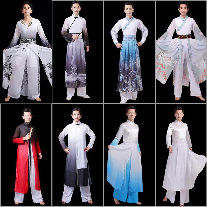 古典舞蹈演出服装男长款中国风书简舞现代水墨古风表演服纱衣新款