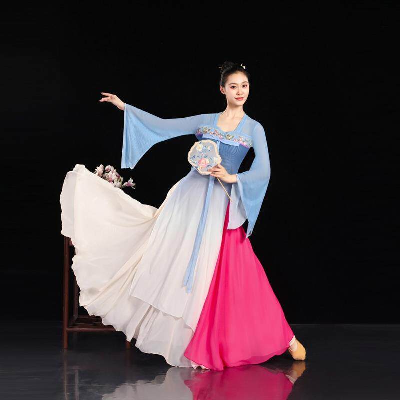 洞庭秋月古典舞蹈演出服飘逸身韵长款汉唐齐胸裙扇子舞表演服套装