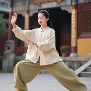 太极服女款新款秋冬加绒加厚棉麻外套中国风禅意佛系八段锦练功服