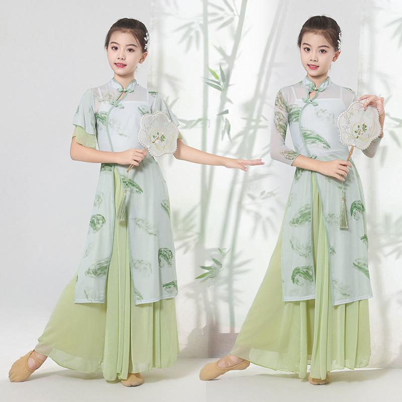 儿童古典舞印花旗袍舞蹈服弹力中国舞练功演出服扇子舞伞舞表演服