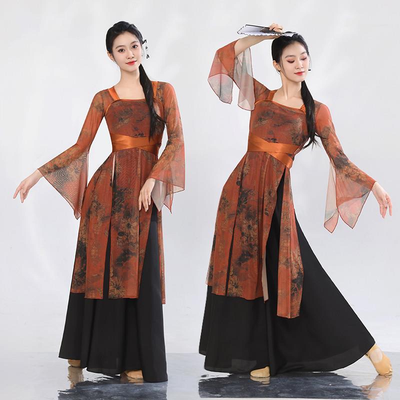 古典舞演出服中国风复古印花喇叭袖服练功服长款身韵纱衣表演服女