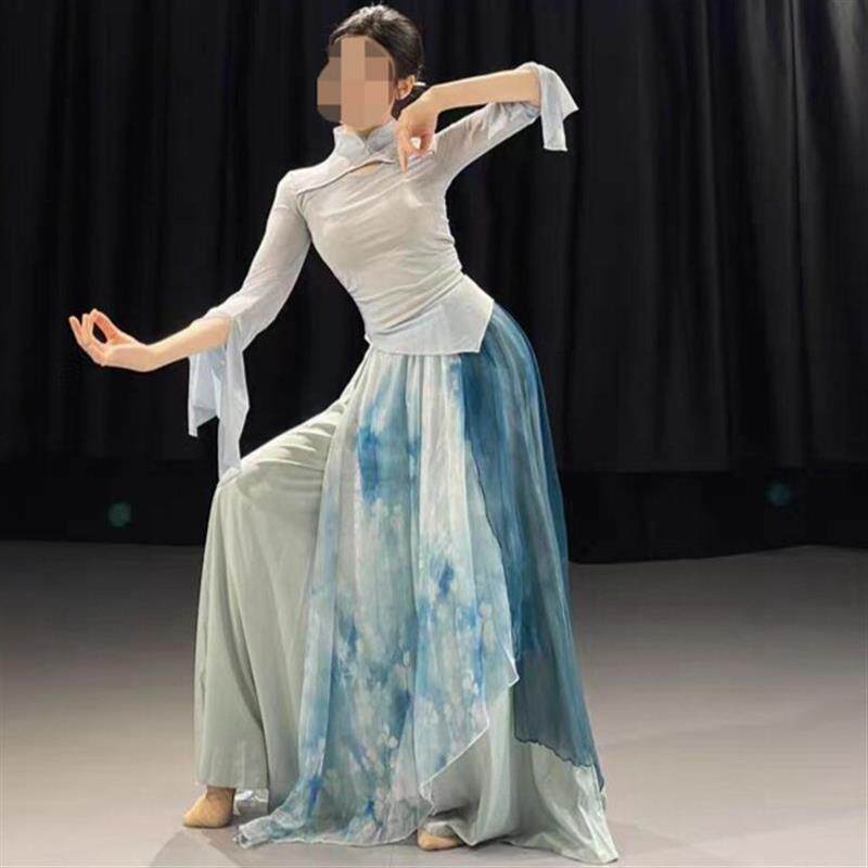 青花瓷古典舞服装蓝色纱衣套装中国舞伞舞演出服练功服大码表演服