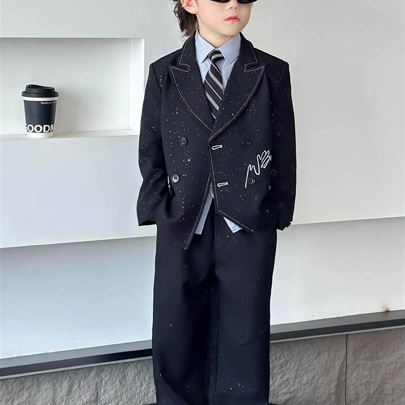 高端男童礼服儿童中式西装套装男孩主持人演出服花童生日闪亮西服